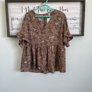 mts Brown Floral V-Neck Ruffle Sleeve Peplum Top